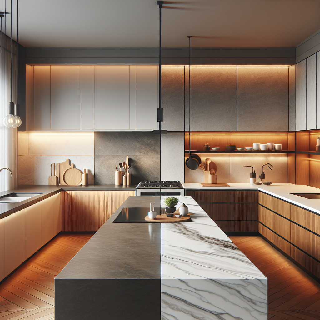 A modern kitchen countertop split between KompacPlus and Quartz materials.