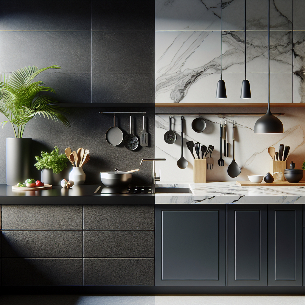 Luxurious kitchen countertop featuring both KompacPlus and Quartz surfaces with kitchen utensils.