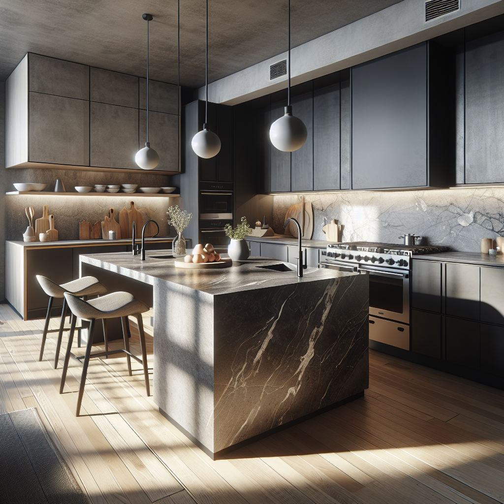 Modern kitchen setting featuring KompacPlus and Quartz countertops.