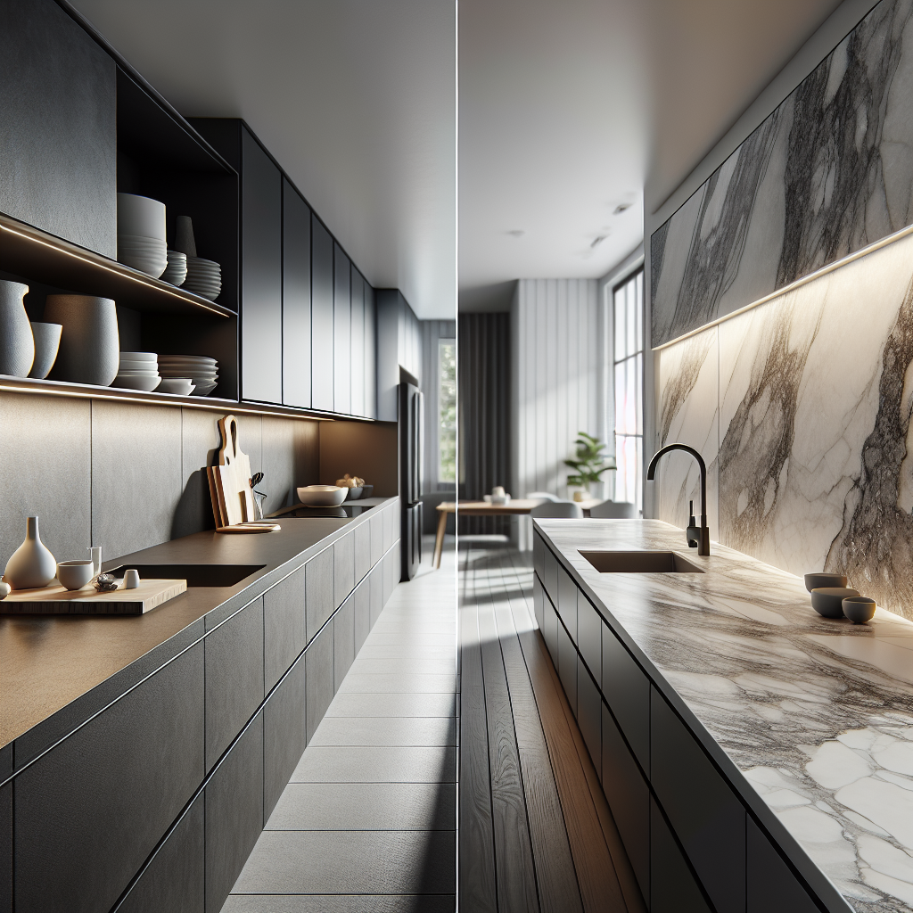 Modern kitchen displaying KompacPlus and Quartz countertops.