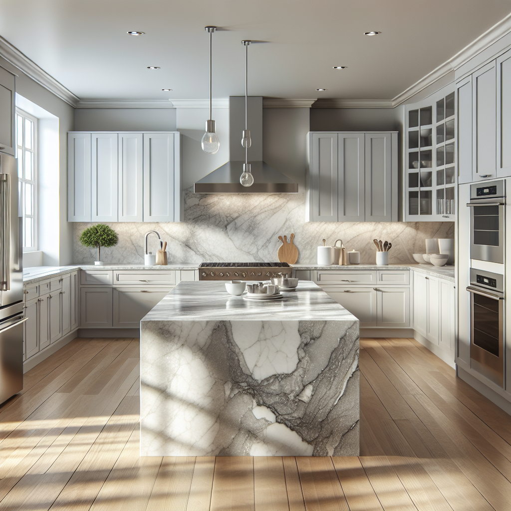 A modern kitchen countertop made of light grey and white quartz with a polished finish.