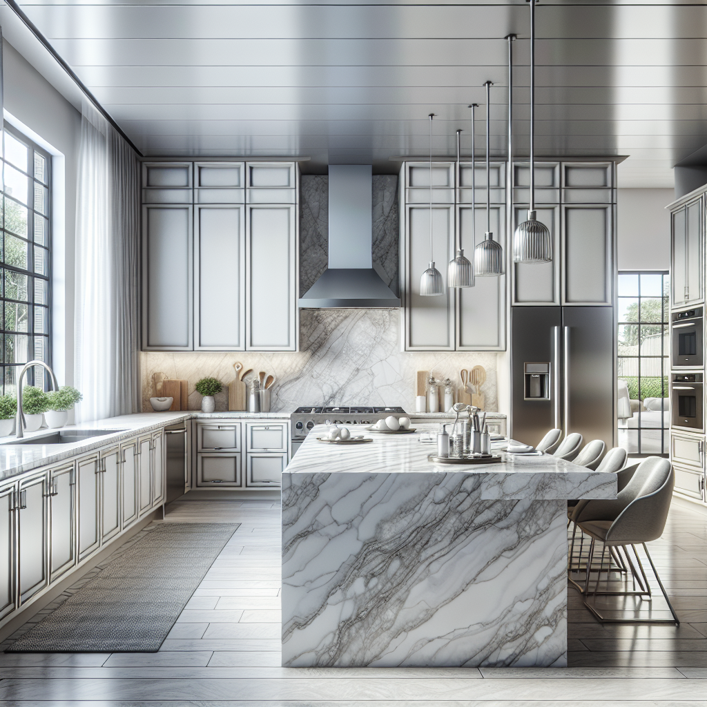 Modern kitchen with glossy quartz countertops in Palm Coast, FL, displaying a stylish and functional cooking space.