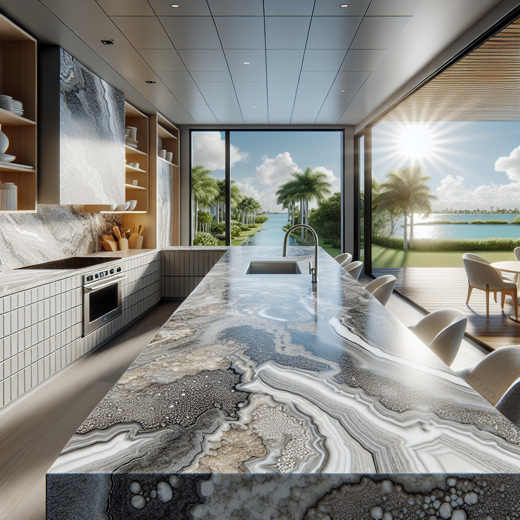 Modern kitchen featuring polished quartz countertops with intricate patterns and hues, bright natural lighting.