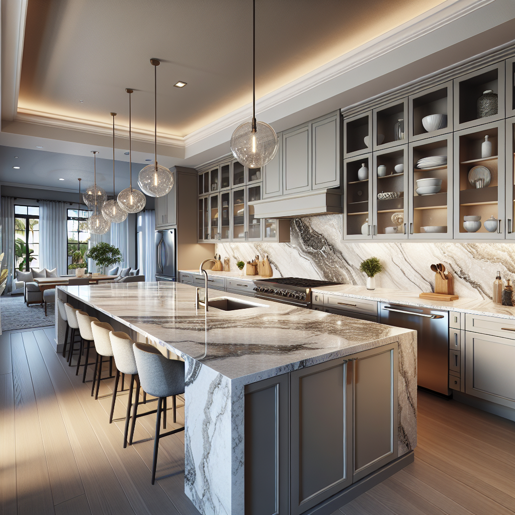 A modern kitchen in Palm Coast, FL featuring polished quartz countertops.