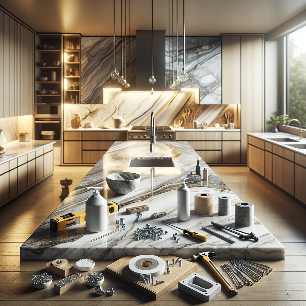 Modern kitchen showcasing the countertop attachment process with tools and materials.