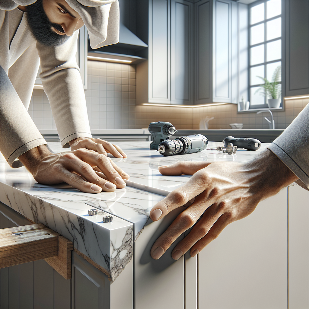 Close-up of hands attaching a quartz kitchen countertop with tools in a modern kitchen setting.
