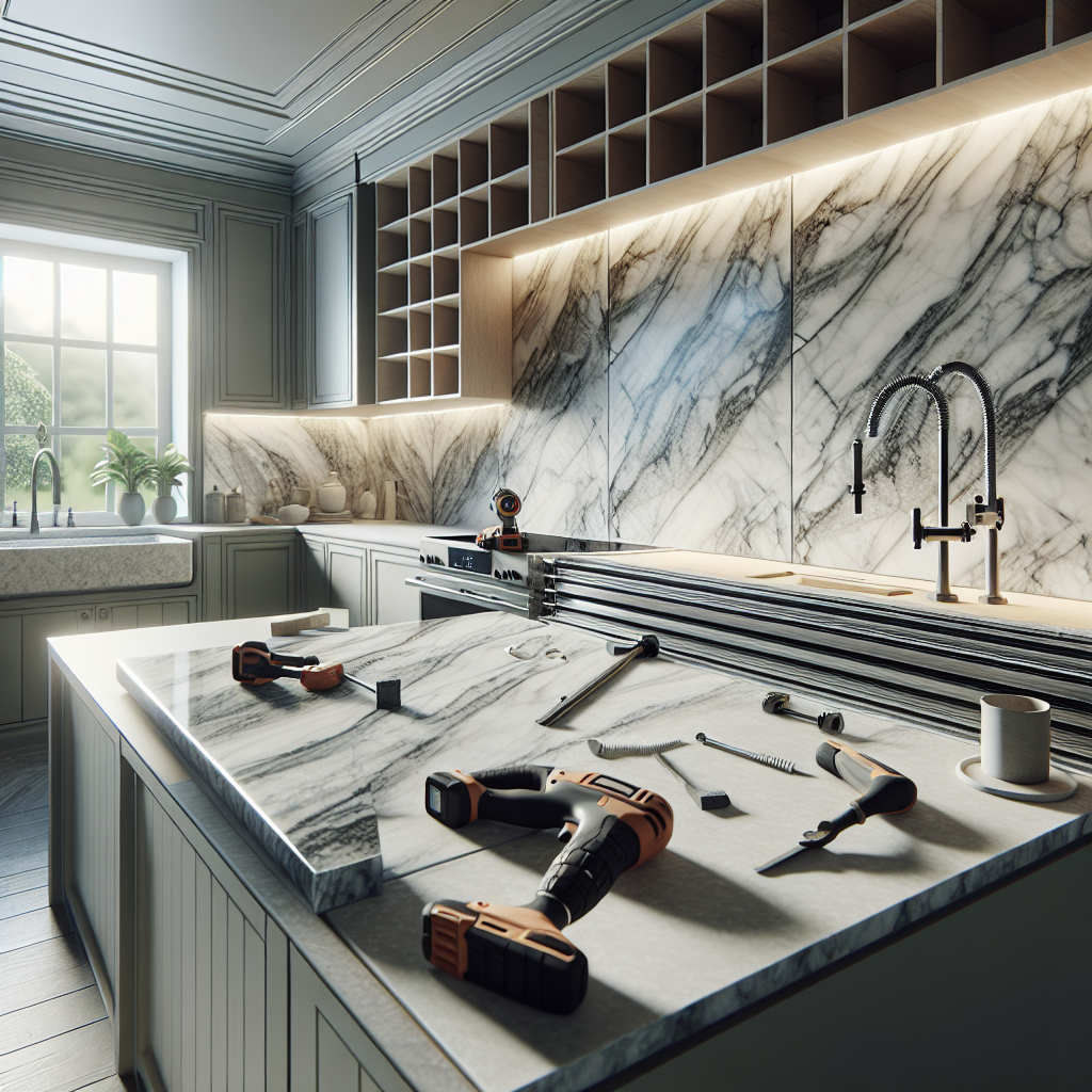 A realistic depiction of a marble kitchen countertop being attached in a modern kitchen.