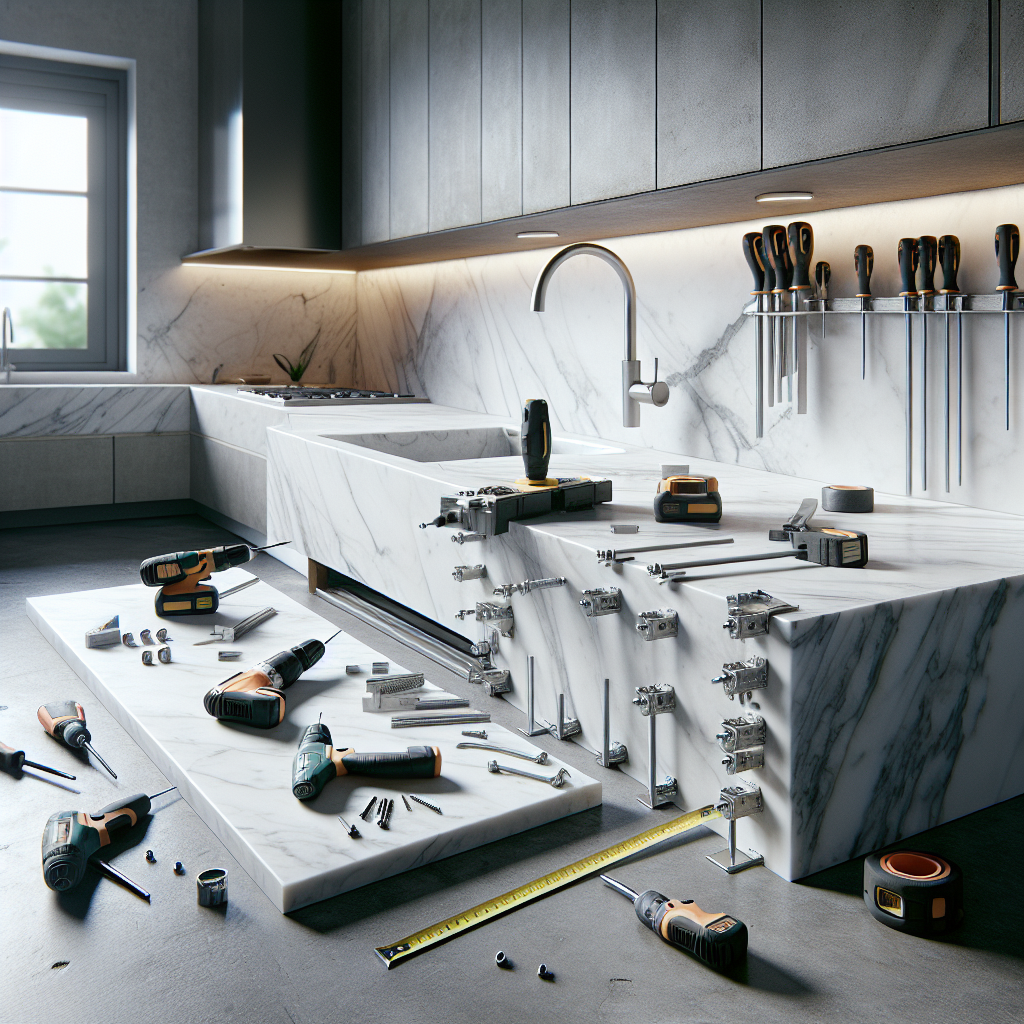A realistic depiction of a kitchen countertop installation process with a marble countertop and tools.