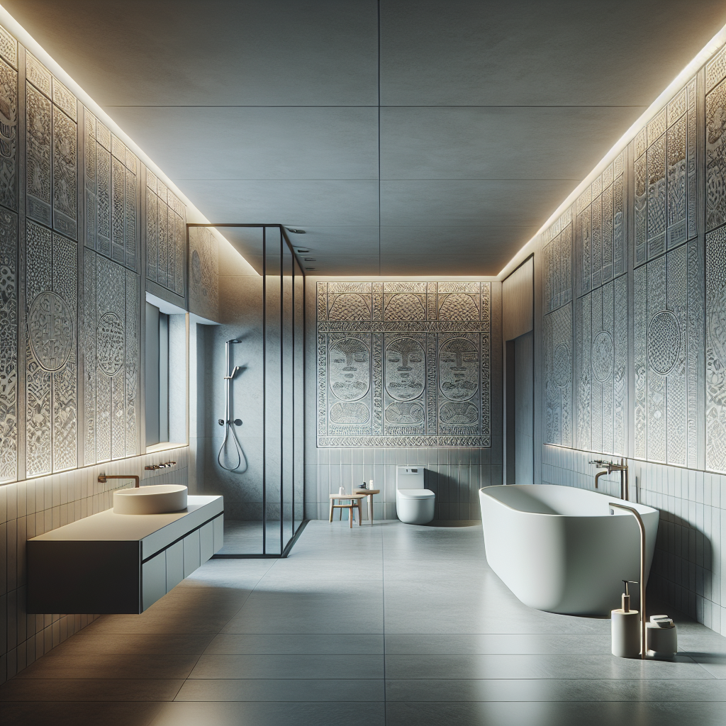 A modern bathroom with Western and Korean design elements, featuring a bathtub, shower, and stone tiles.