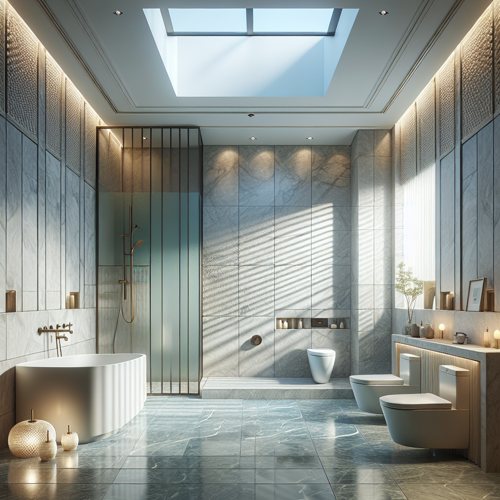 A modern bathroom combining Western and Korean styles with a bathtub, shower, and elegant stone tiles.