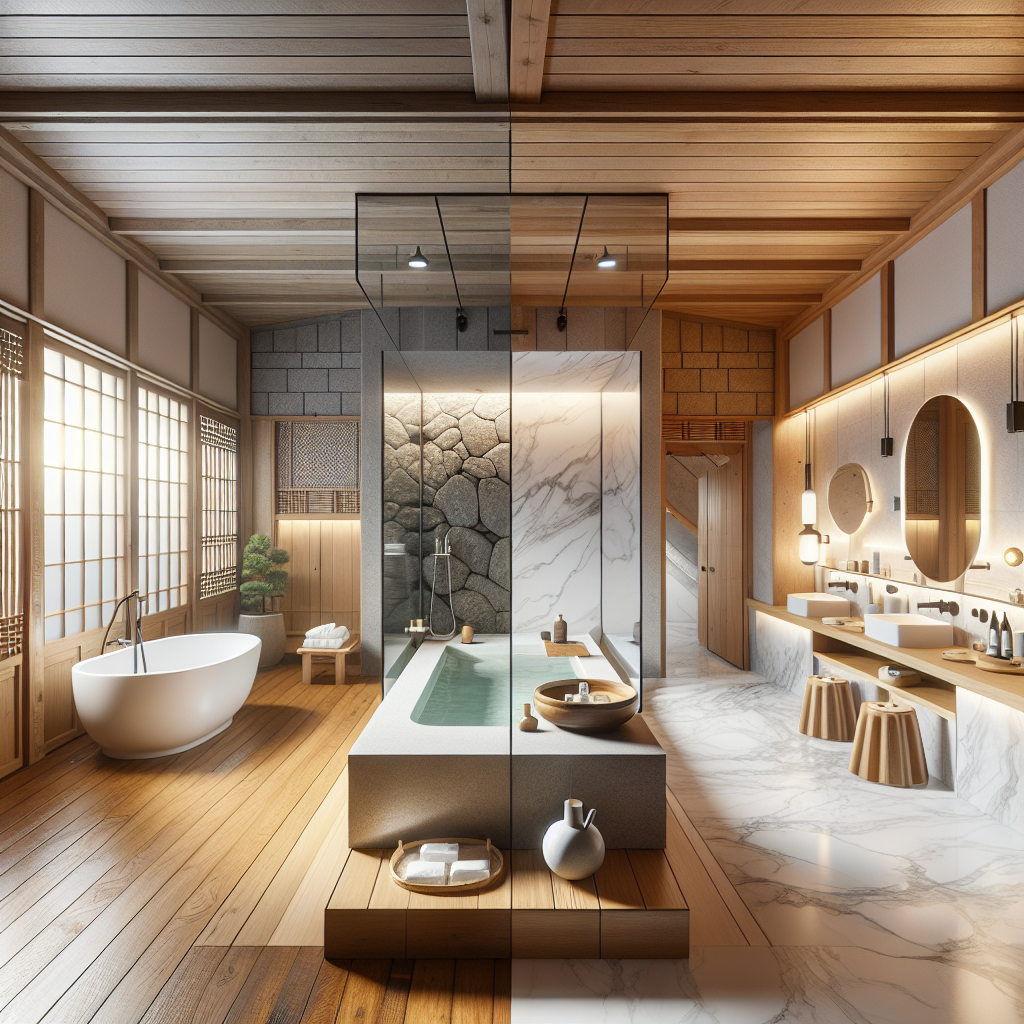 An image comparing a traditional Korean bathroom with a modern Western bathroom.