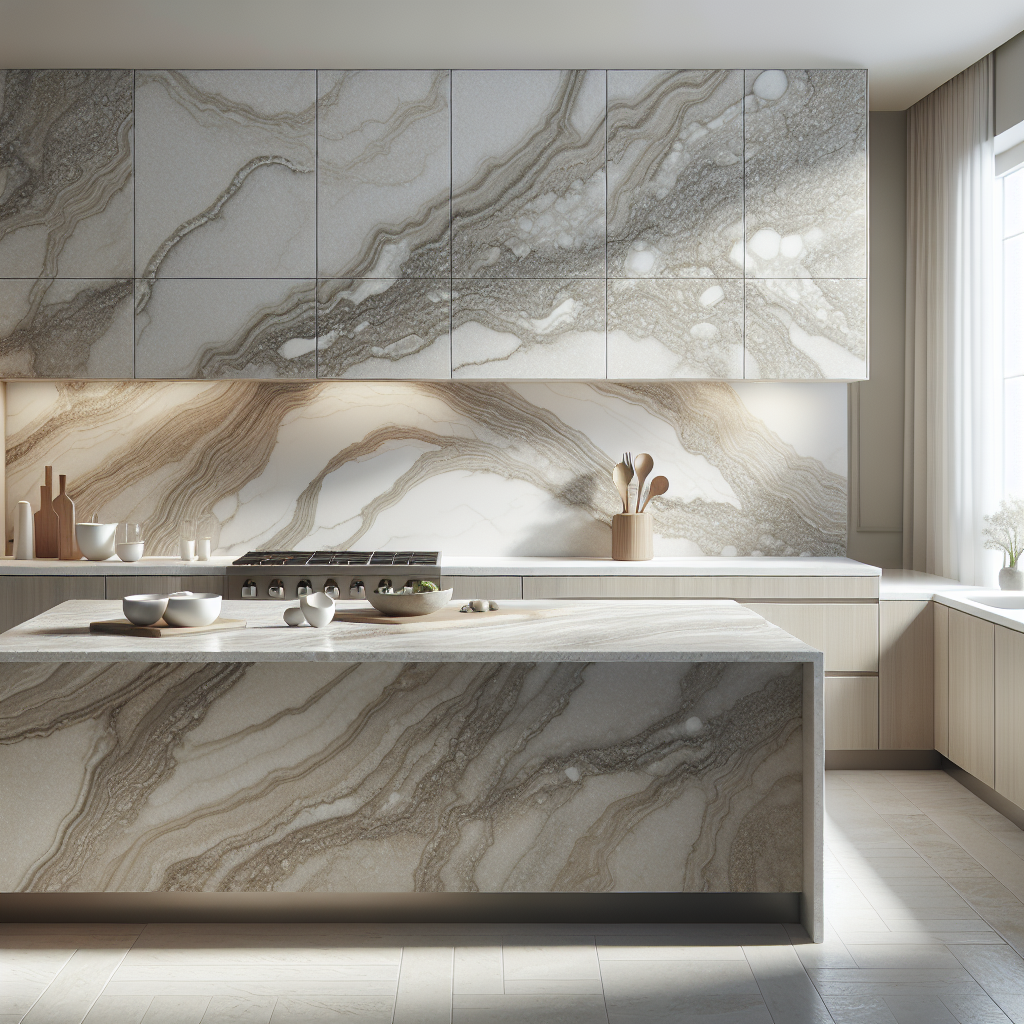 River White Granite countertop in a modern kitchen with subtle white background and brown-grey veining.