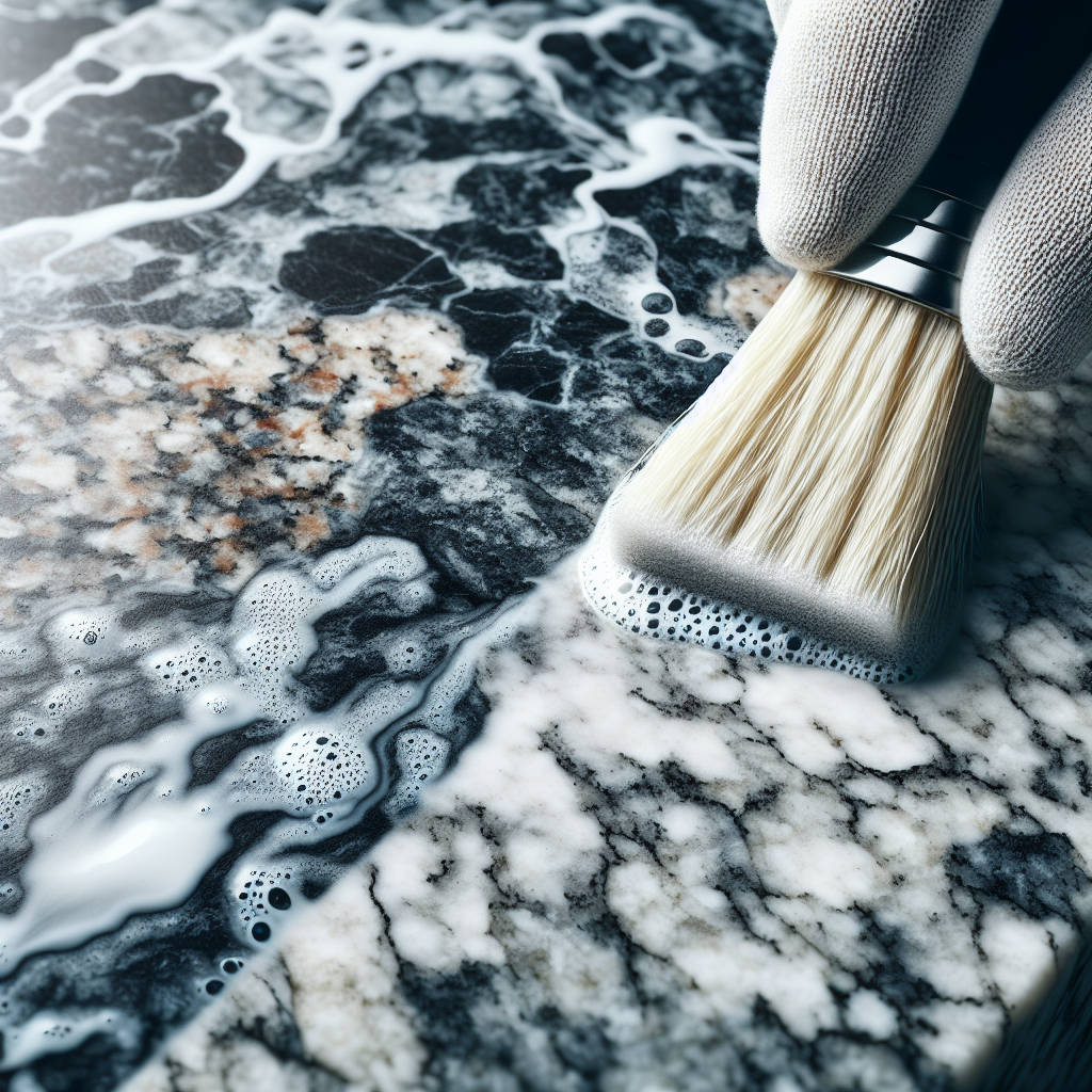 Granite countertop being cleaned, showcasing natural patterns and texture.
