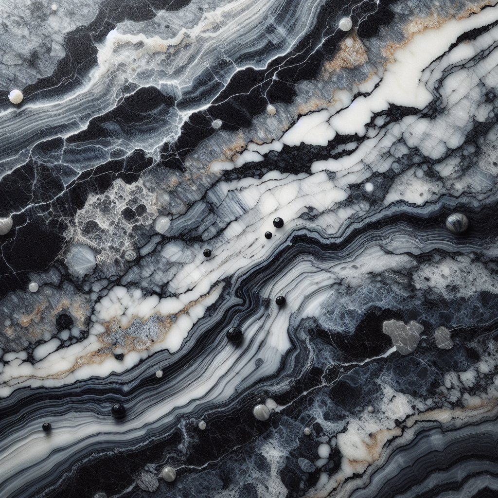 Granite countertop showcasing its durability and natural beauty with intricate patterns and colors.