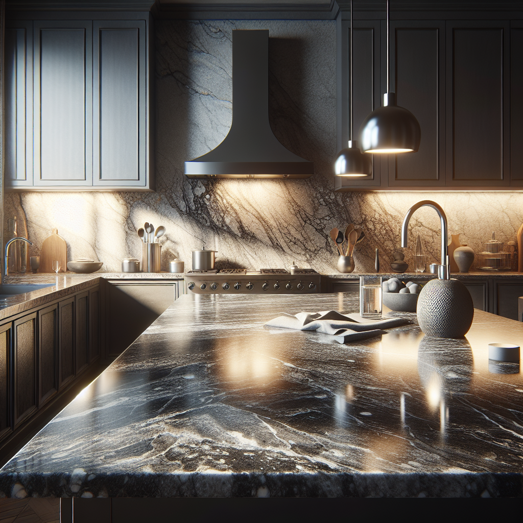 A realistic image of a granite countertop with a textured pattern in a kitchen setting.