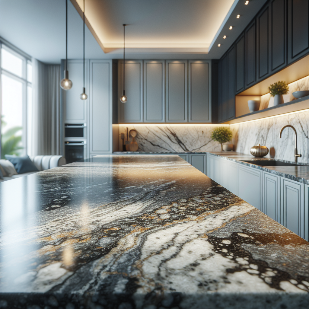 Granite countertop in a bright, modern kitchen setting.