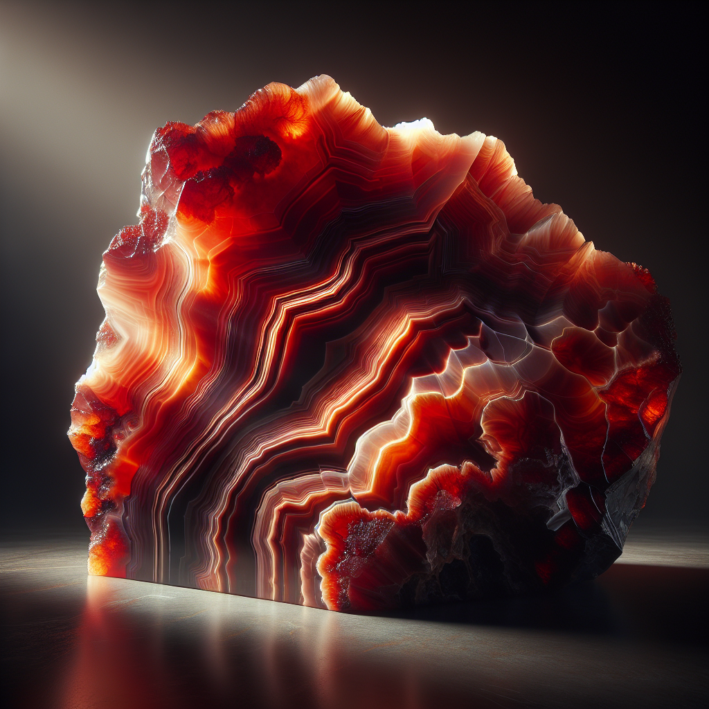 A detailed image of a Red Onyx Stone with vibrant hues and intricate veining, highlighting its translucent quality.