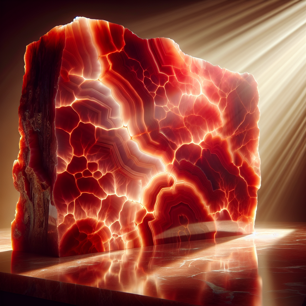 A polished Red Onyx Stone slab with vibrant hues and intricate veining, exhibiting translucency and a luxurious surface.