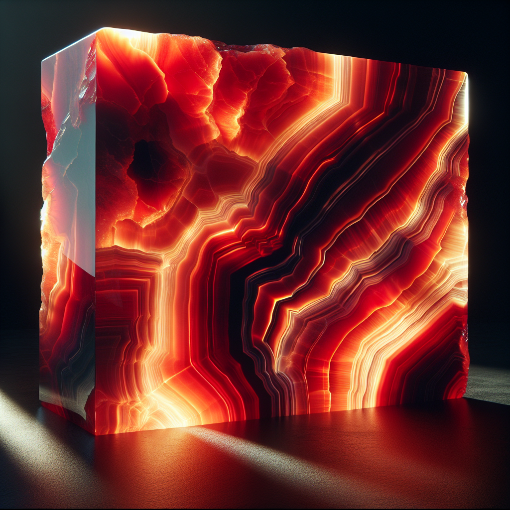 Realistic image of a Red Onyx stone slab with vibrant hues and intricate veining.