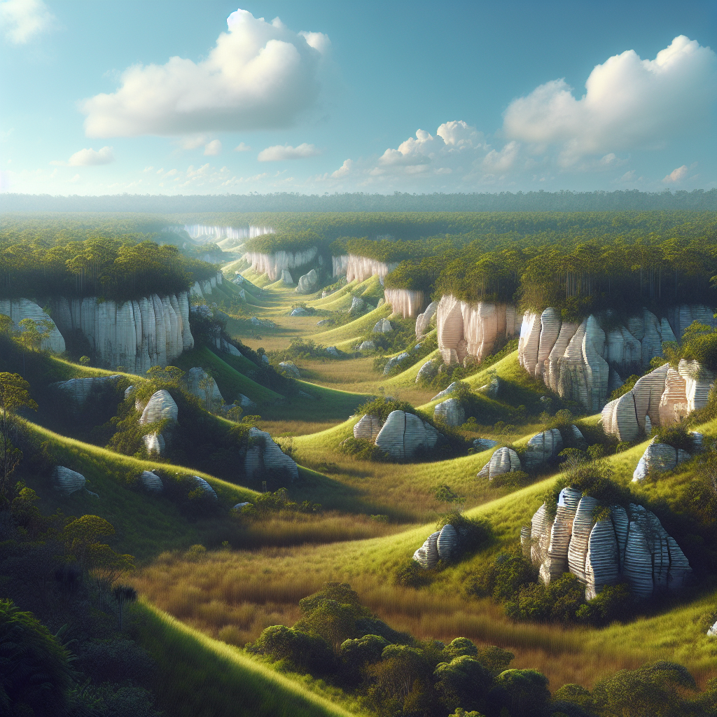 Florida's landscape with exposed limestone layers amidst green terrain and blue skies.