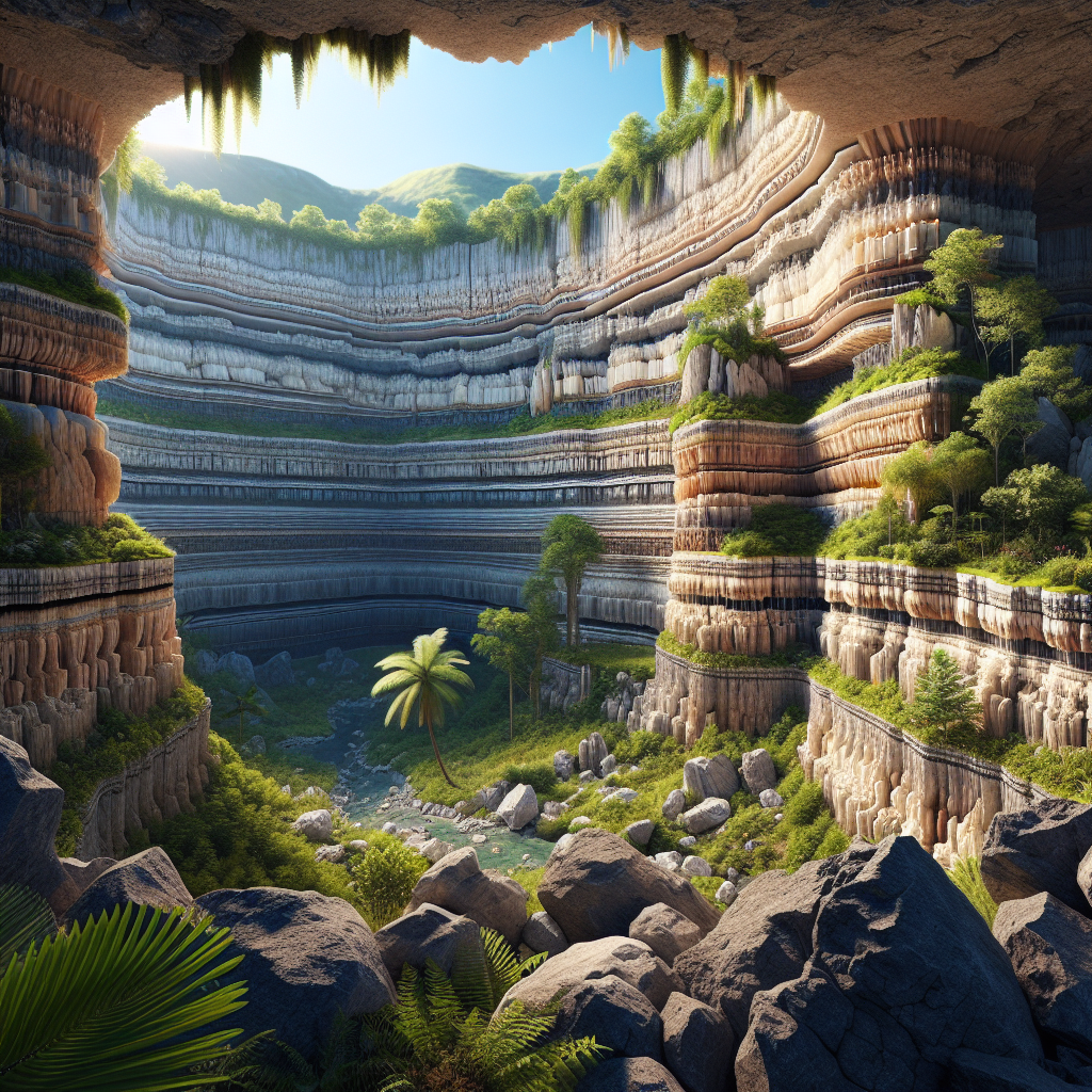 A realistic image of Florida's limestone foundation, showing its layers and surrounding landscape.