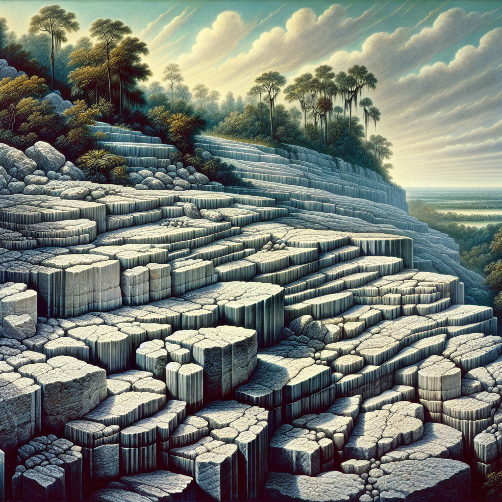 Realistic depiction of Florida's limestone foundation with layers of rock and greenery.