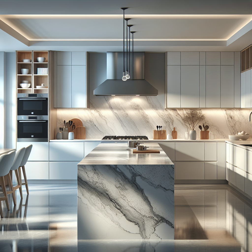 Modern kitchen with a Q Quartz countertop, showcasing a sleek and smooth surface.