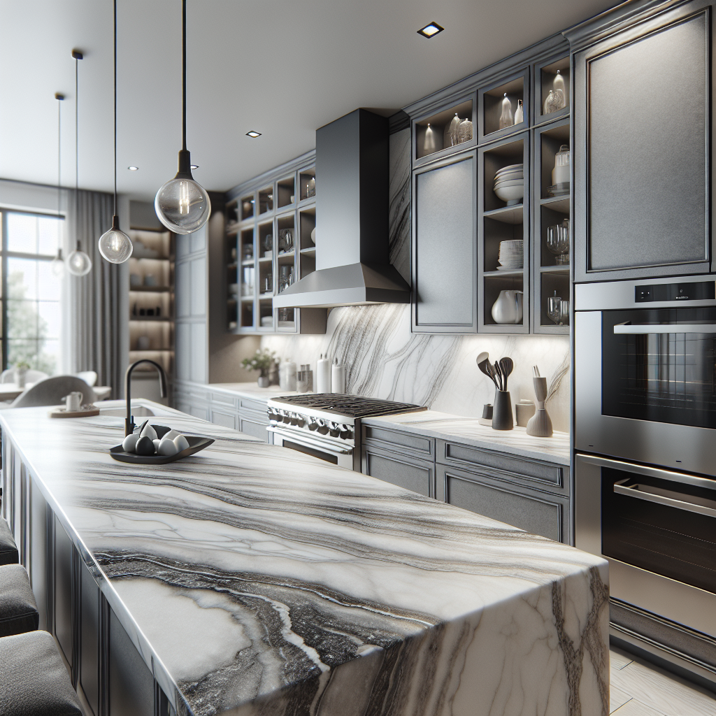 A kitchen with Q Quartz countertops showing a smooth, elegant surface in gray and white tones.