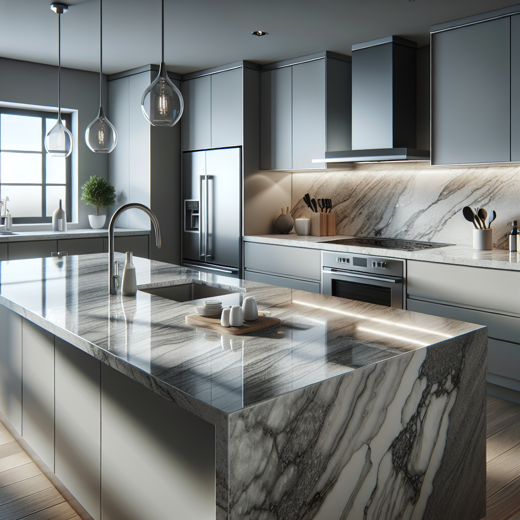A modern kitchen with Q Quartz countertops, featuring a gray speckled pattern.