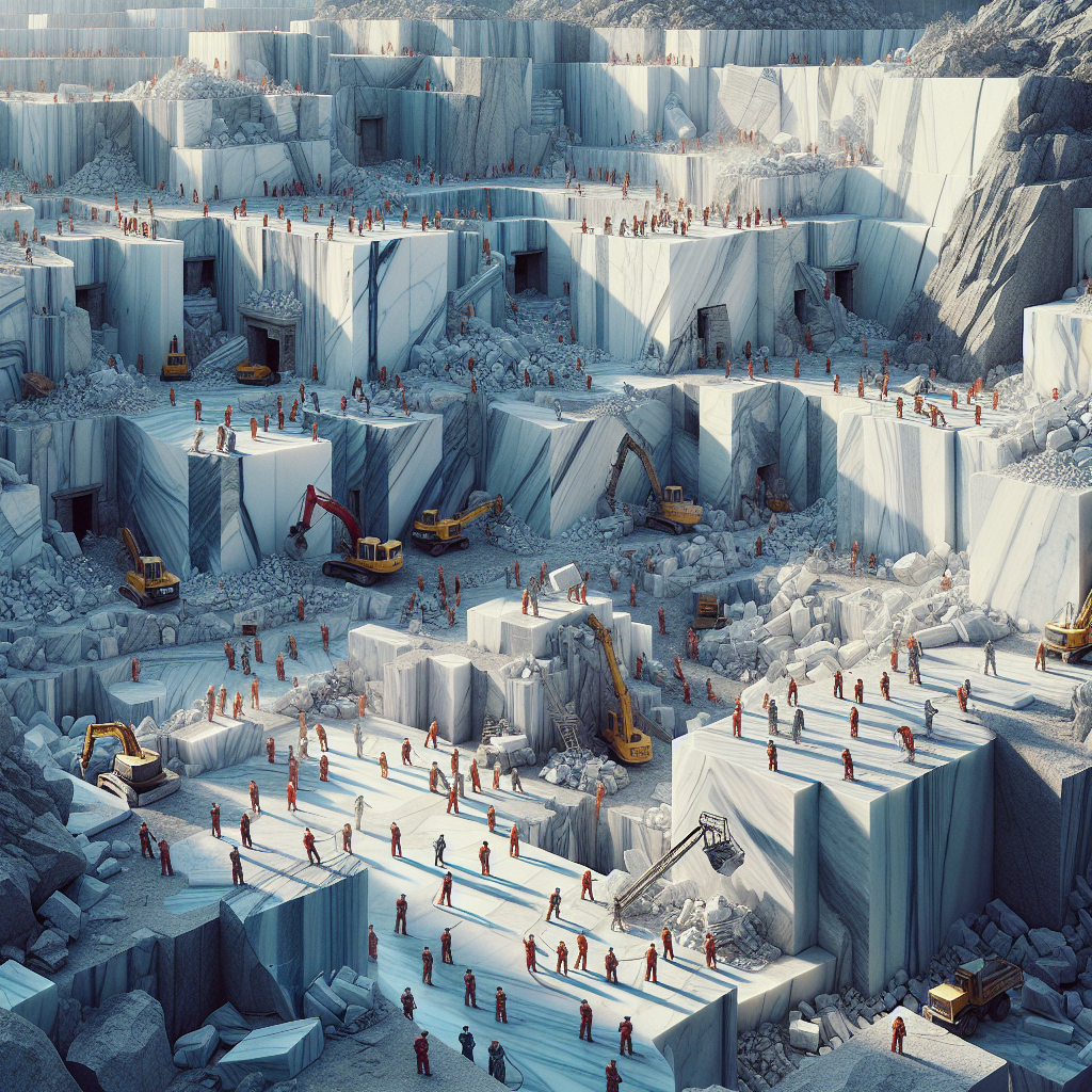 Realistic image of a marble quarry with workers extracting marble.