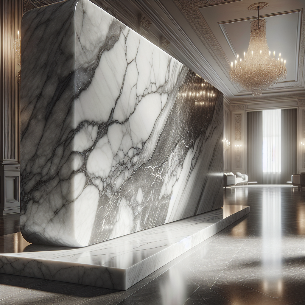 A detailed image of a luxurious marble slab with unique veining patterns in an elegant setting.