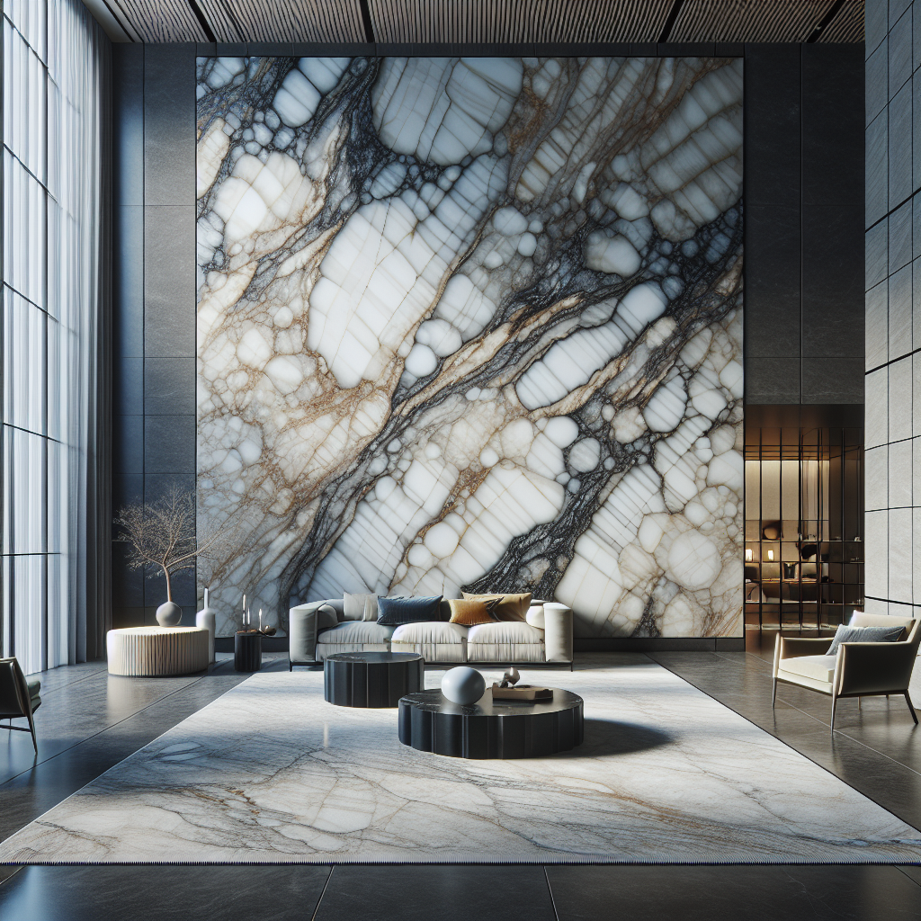 A luxurious marble slab with intricate patterns in a modern interior.