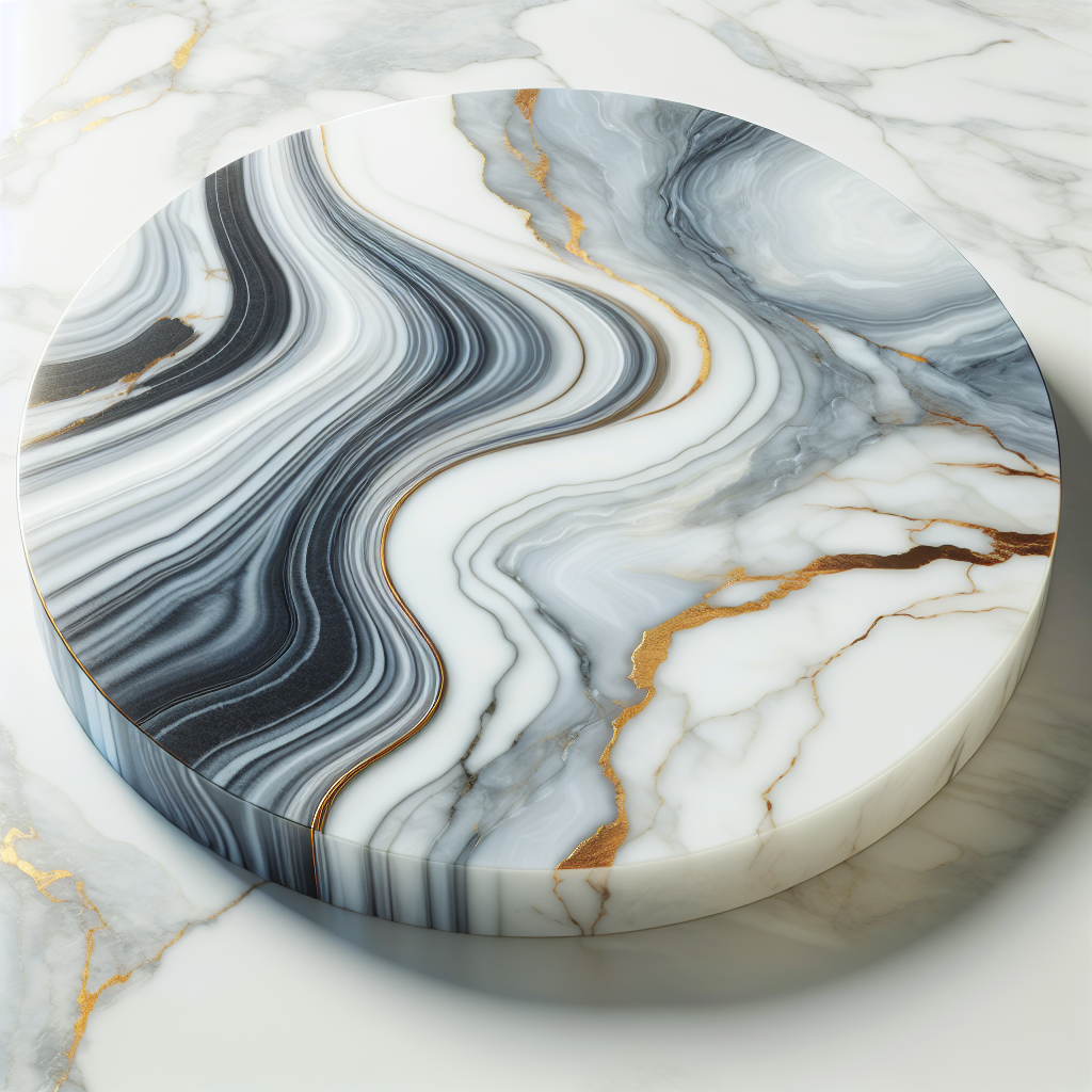 A detailed image of a polished marble slab with intricate veining patterns, reflecting elegance and luxury.