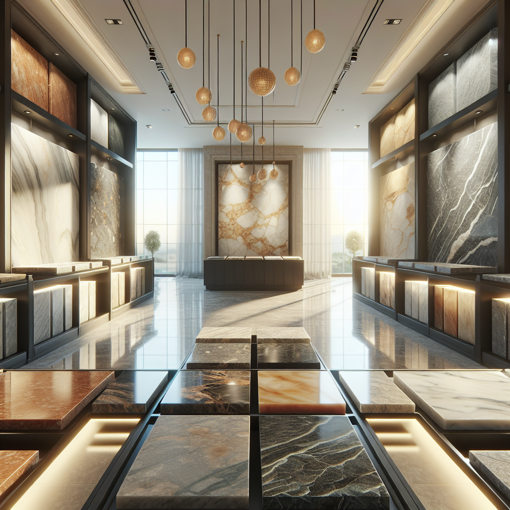 Interior view of Z Stone showcasing various premium stone slabs.