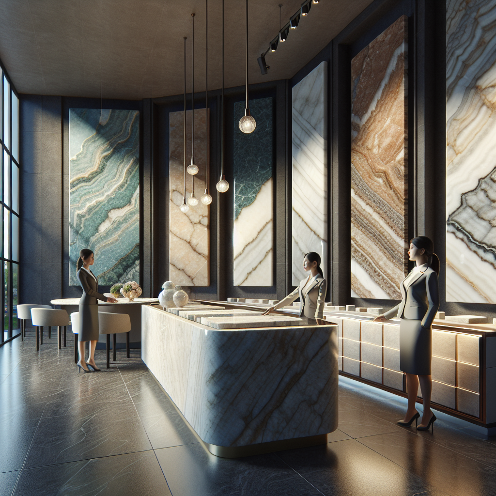 Interior of Z Stone showroom displaying natural stone slabs.