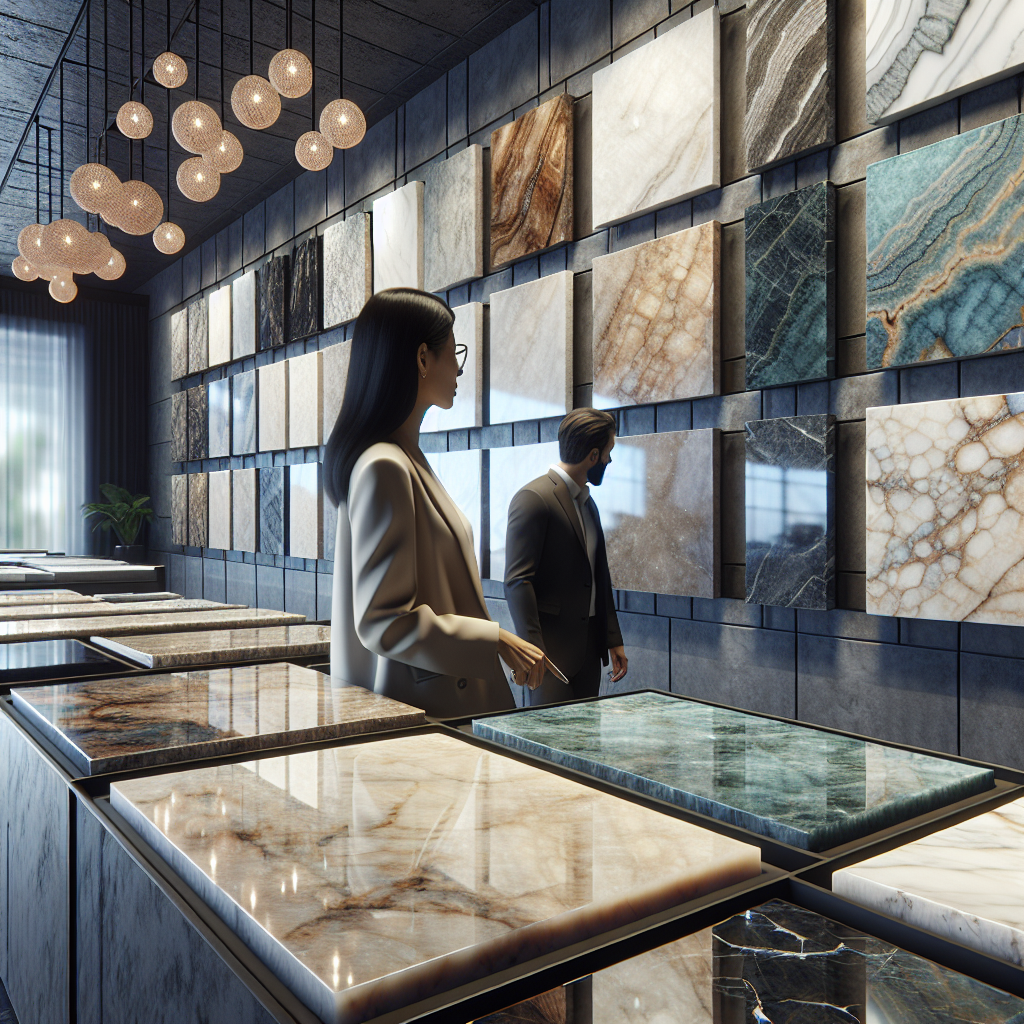 Interior of Z Stone showroom featuring various stone slabs.