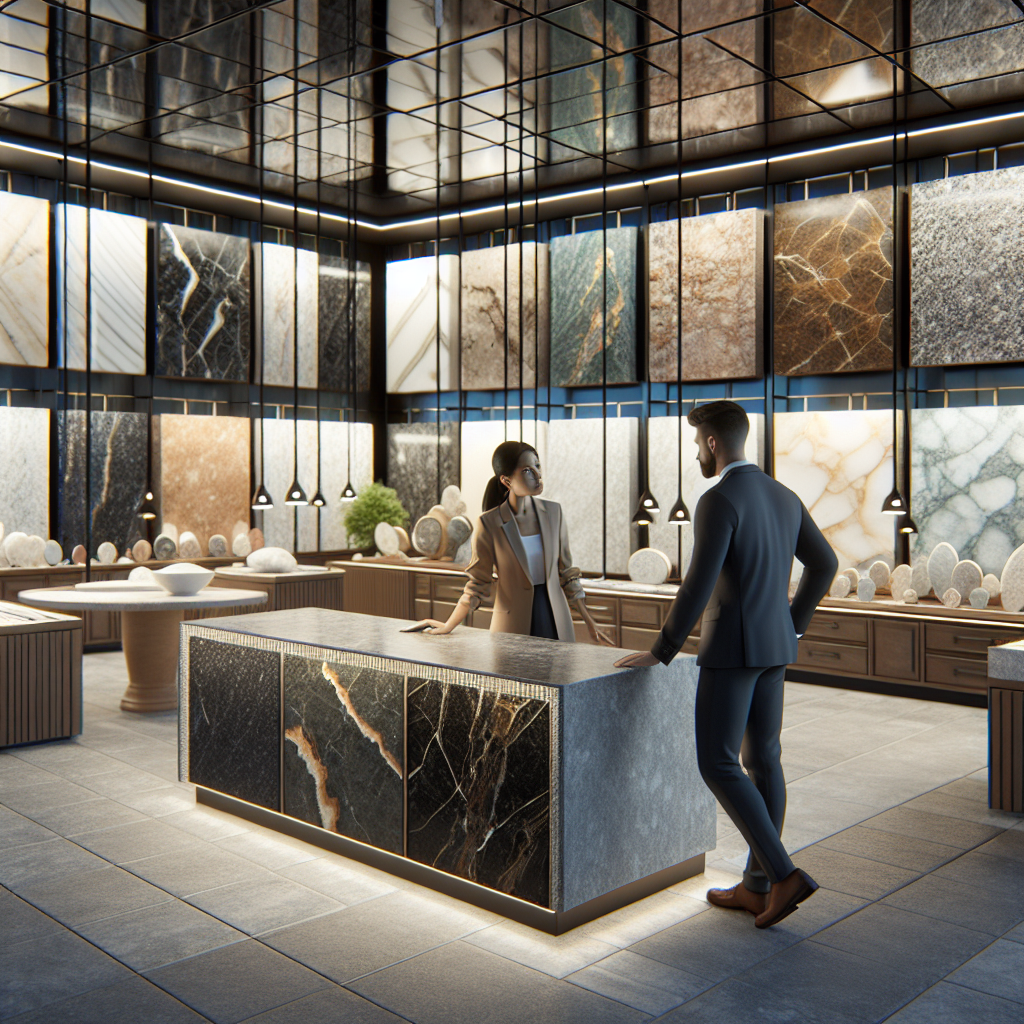 Interior view of Z Stone showcasing various premium stone slabs with a staff member assisting a customer.
