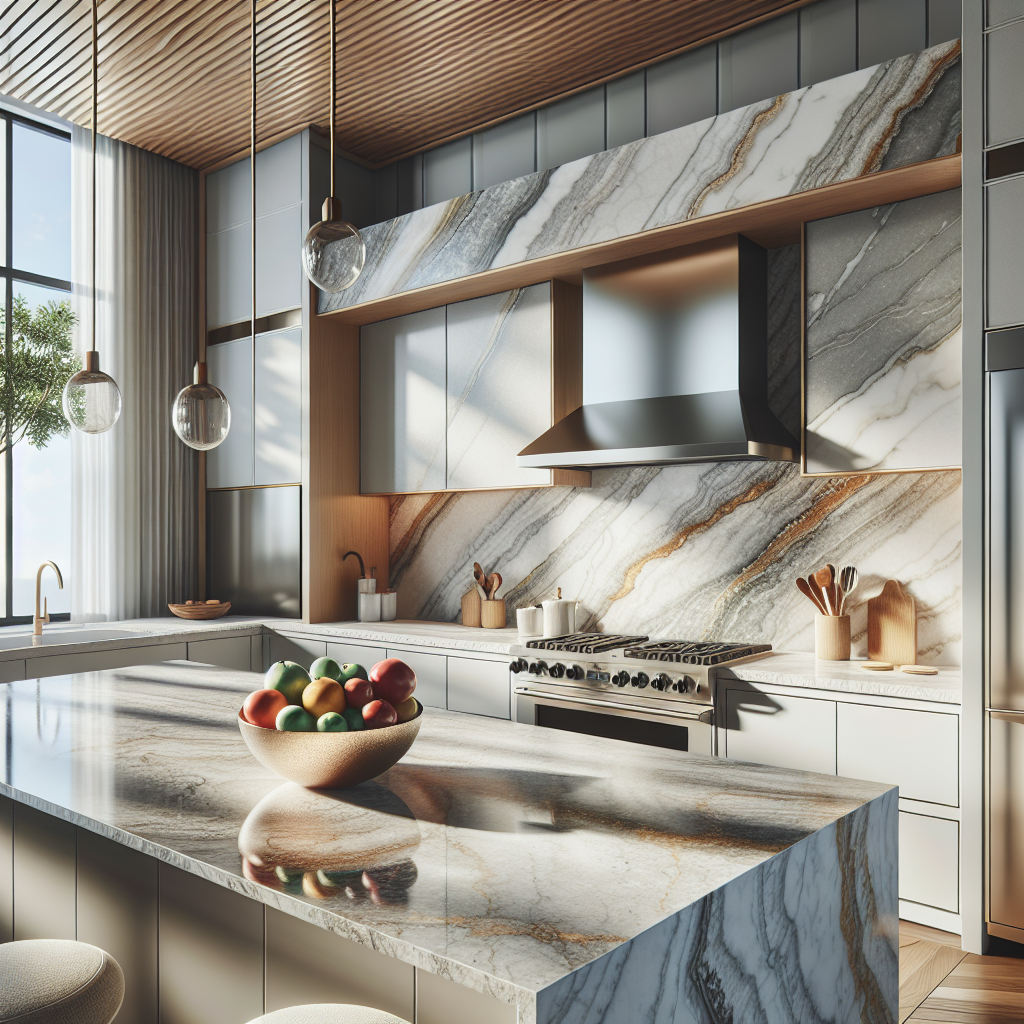 A beautiful quartzite countertop in a modern kitchen illustrating its intricate patterns and colors.