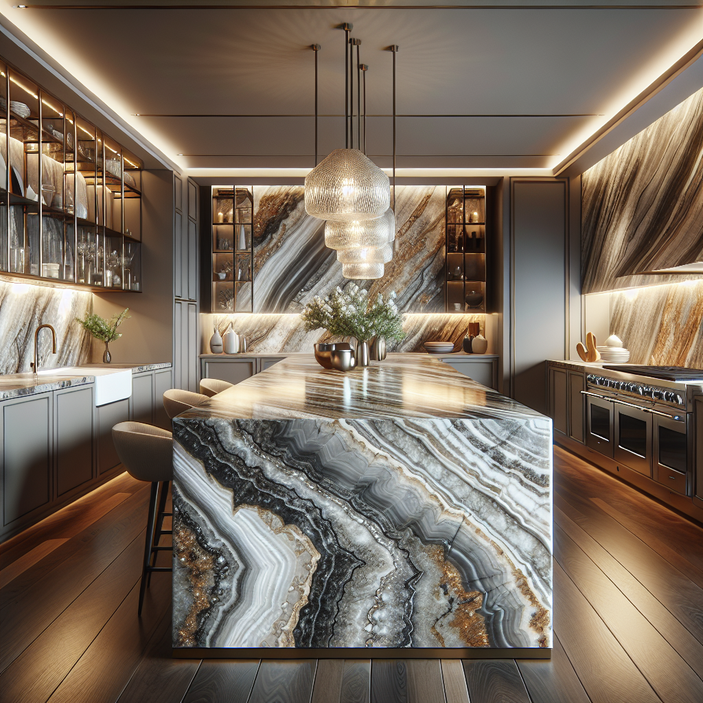 A quartzite countertop in a modern kitchen setting.