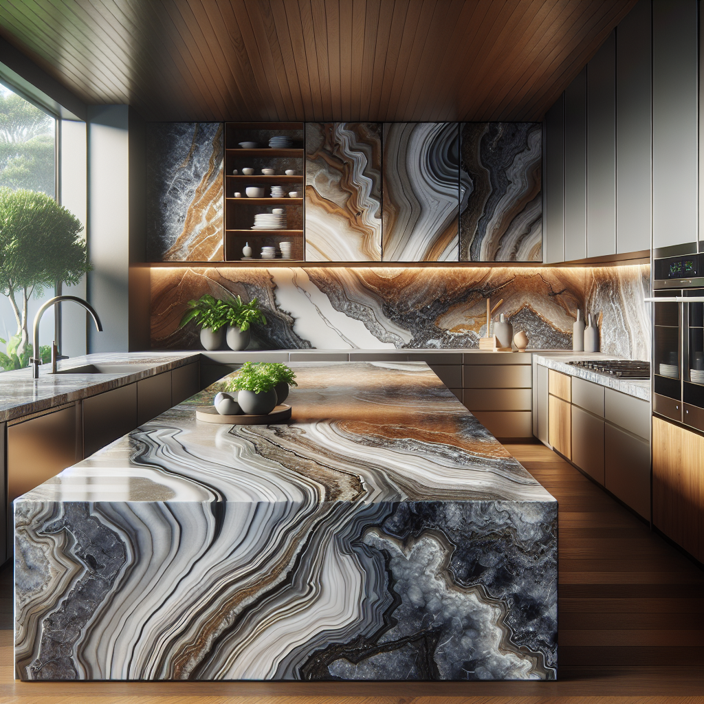 A modern kitchen showcasing a stunning quartzite countertop.