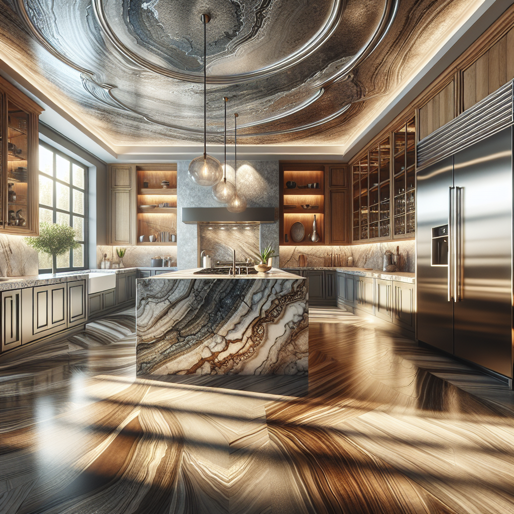 Luxurious kitchen with quartzite countertops and modern appliances.