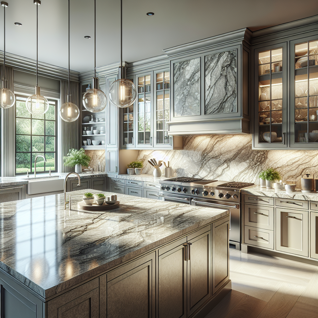 A luxurious kitchen featuring elegant quartzite countertops with a rich texture and modern appliances.