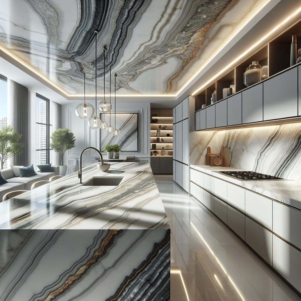 A quartzite countertop in a modern kitchen, showcasing unique veining and colors.