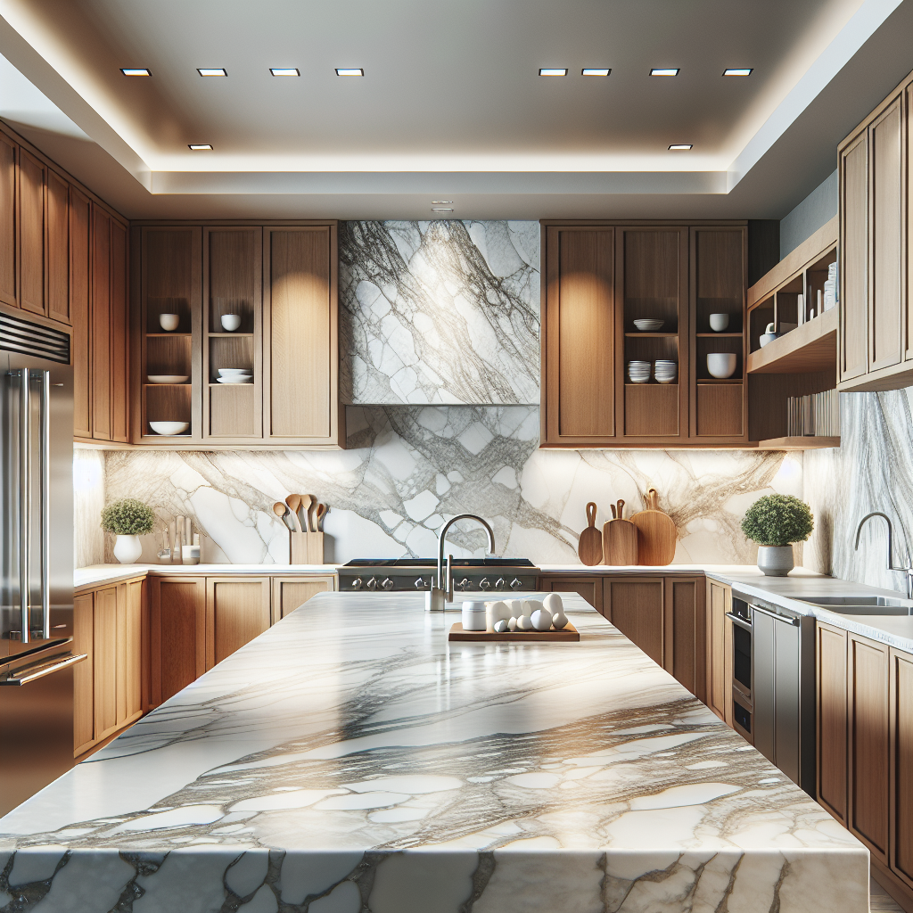 A modern kitchen with elegant quartzite countertops showcasing white with grey veining.