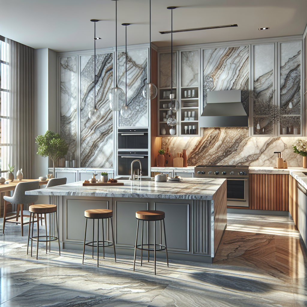 A luxurious kitchen showcasing quartzite countertops with unique veining and modern appliances.