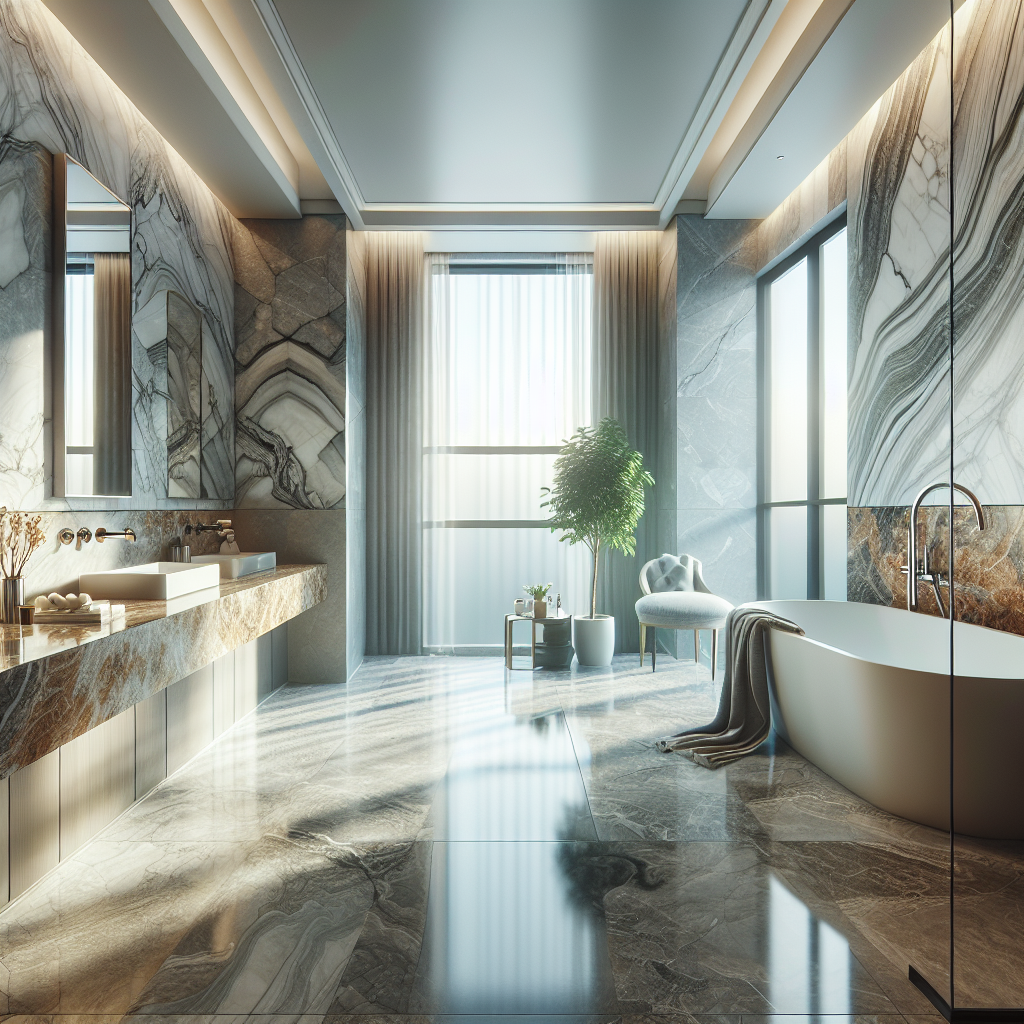 A luxurious bathroom featuring marble countertops and granite tiles, illuminated by natural light.