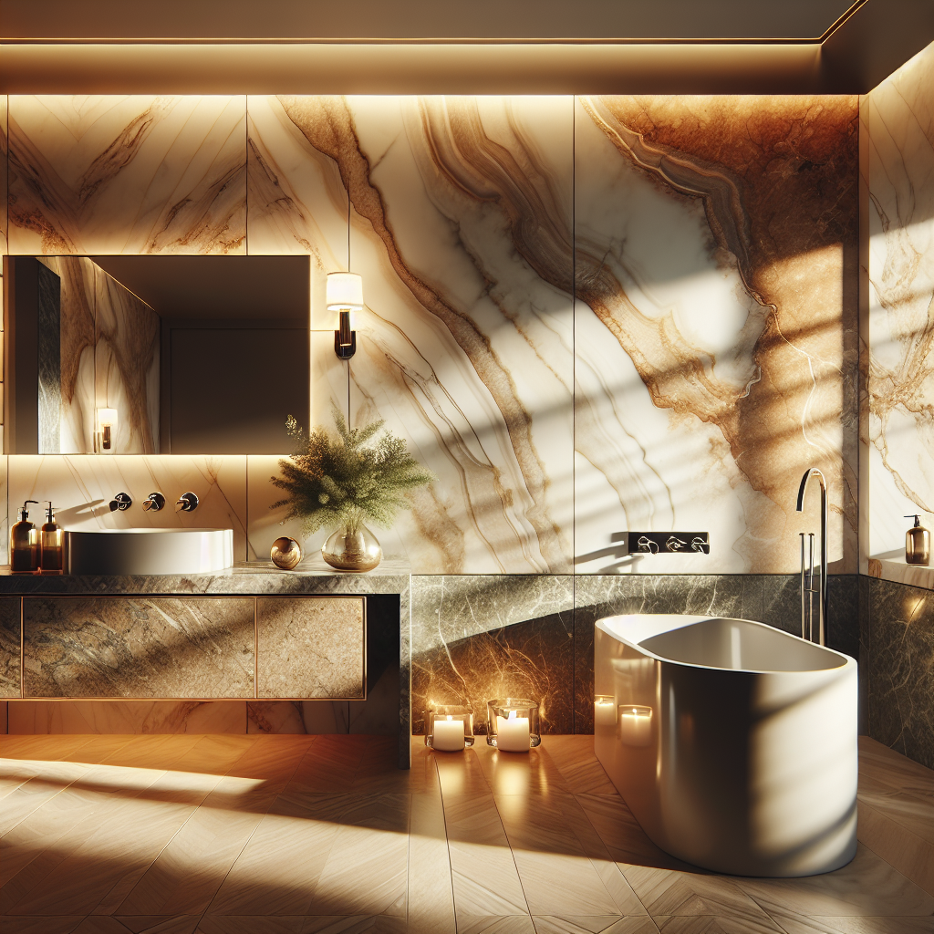 A luxurious bathroom interior featuring premium stone materials.