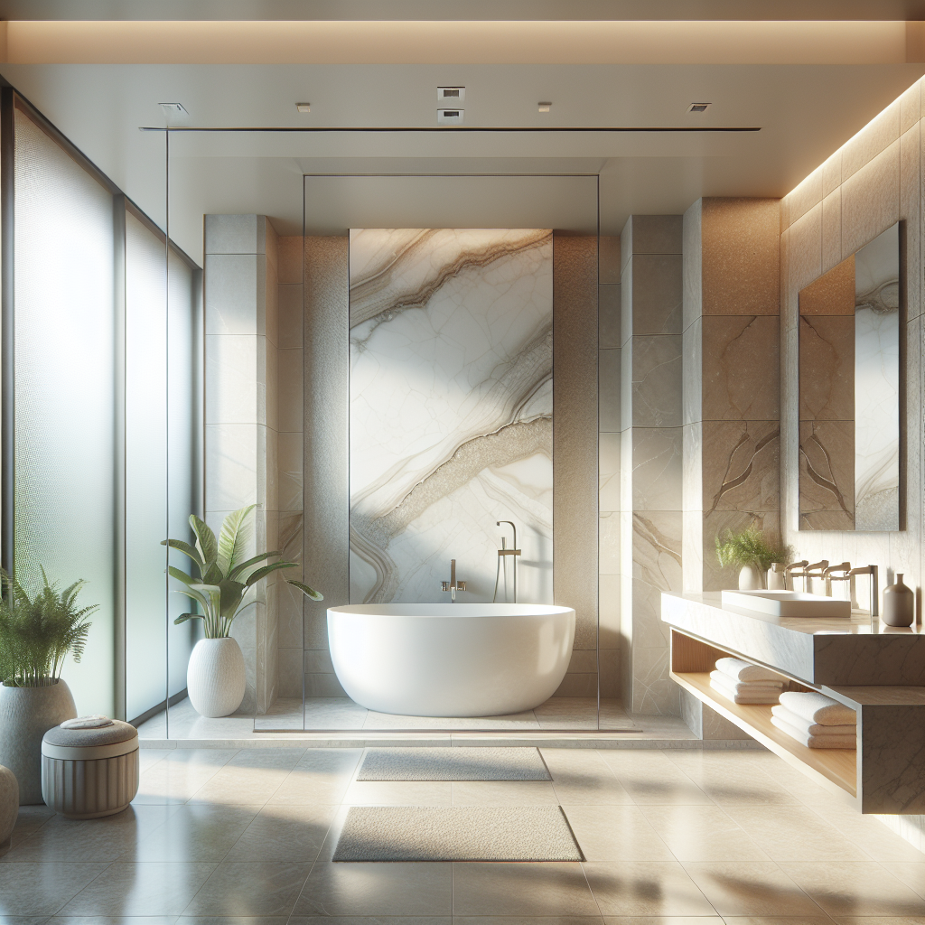 A luxurious modern bathroom featuring a white marble bathtub and elegant stone elements.