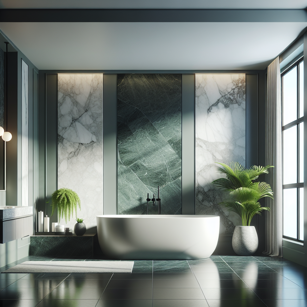 A luxurious modern bathroom featuring a freestanding bathtub and various stone materials.