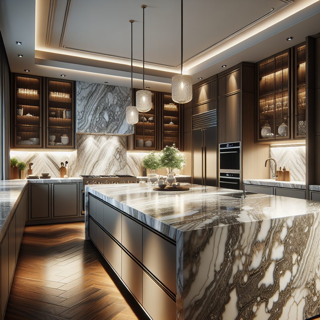 A luxurious kitchen with elegant quartzite countertops and modern appliances.